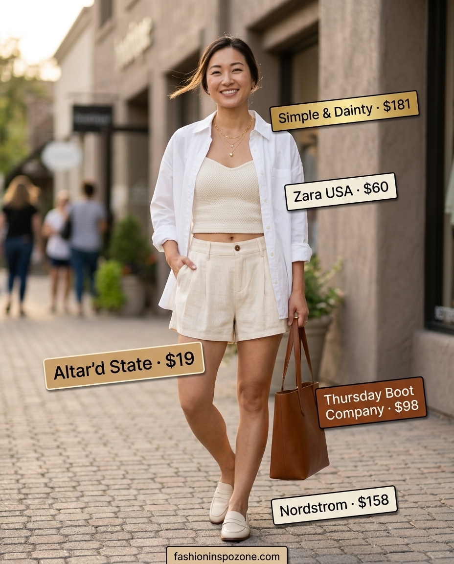 Cute vintage summer outfit for women 2026: Beige linen shorts, white button-down, leather loafers for casual Friday.