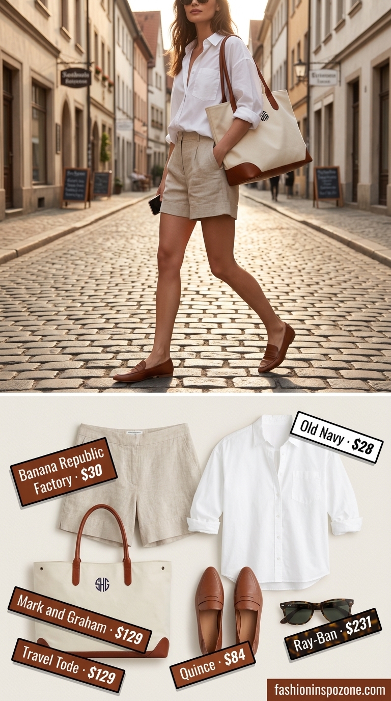 Relaxed vintage summer outfit for women 2026: Linen shorts, white button-down, brown loafers, canvas tote, and tortoiseshell sunglasses.