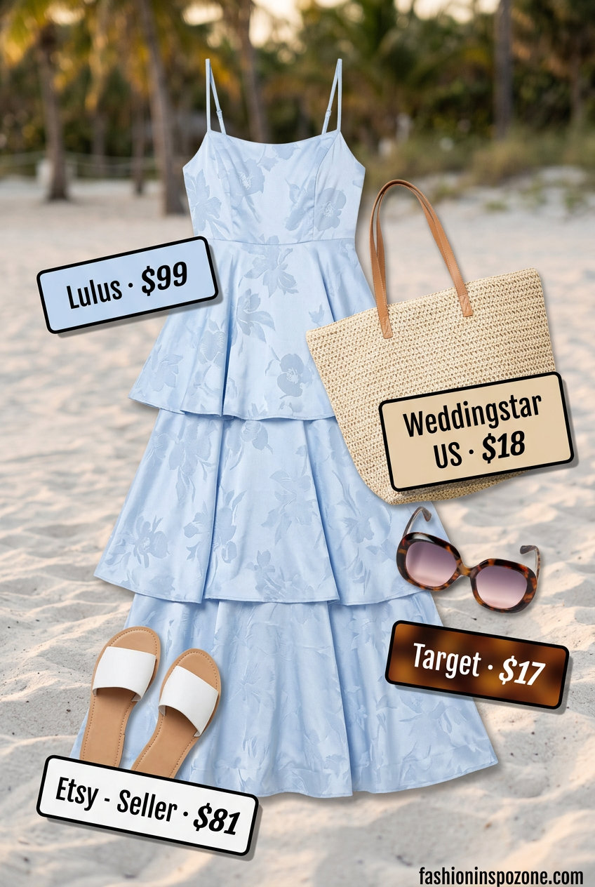 Cute vintage summer outfits for women 2026: Sky blue maxi dress, white slides, straw tote, round sunglasses.