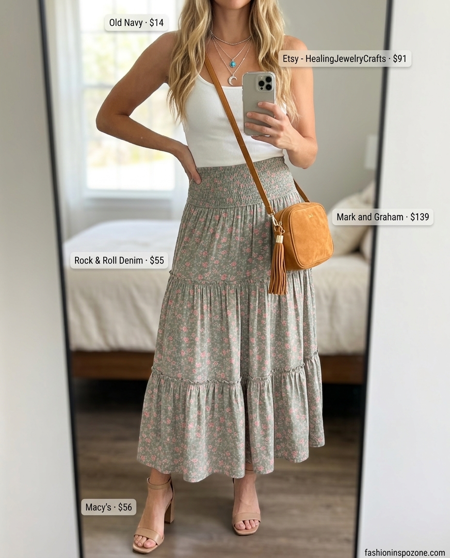 Bohemian vintage summer outfit for women 2026: Navy floral maxi skirt, white crop top, tan sandals, tan crossbody bag, and layered necklaces.