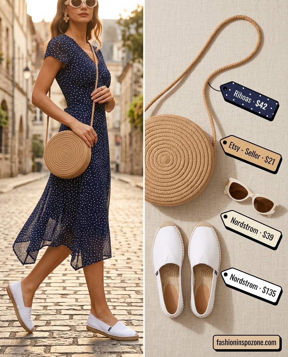 Retro vintage summer outfit for women 2026: Navy polka dot midi dress, white espadrilles, straw bag, and white rimmed sunglasses.