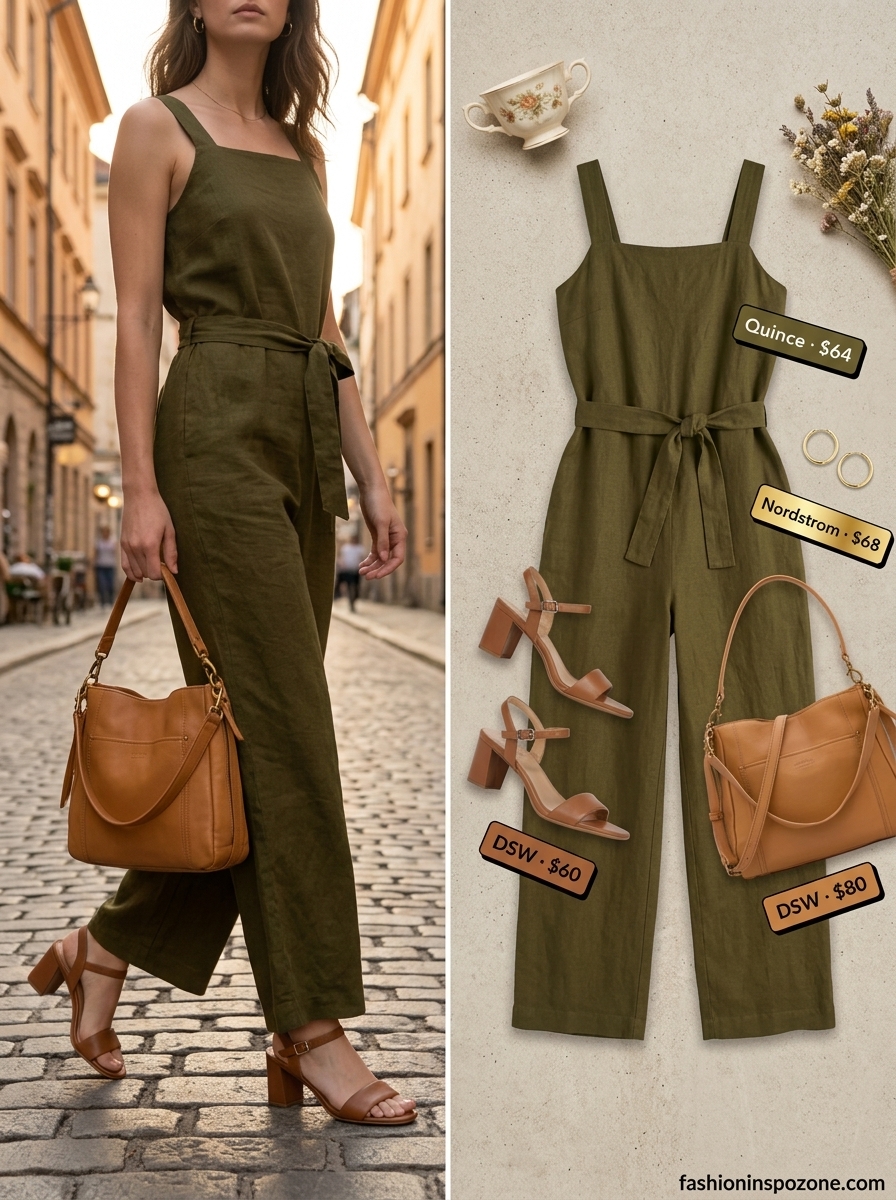 Chic vintage summer outfit for women 2026: Olive green linen jumpsuit, tan block heels, gold hoops, and structured crossbody bag.