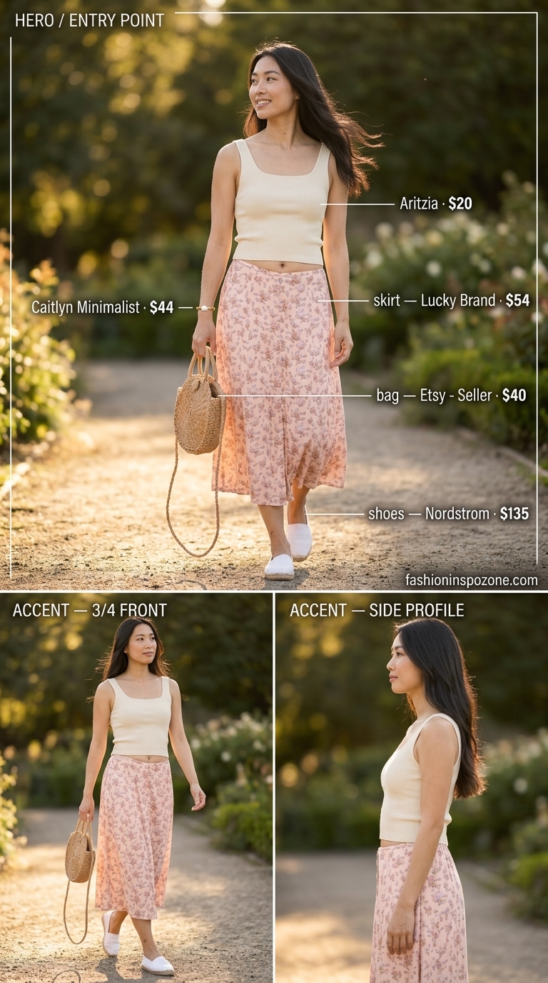 Cute vintage summer outfits for women 2026: Pastel pink floral midi skirt, cream knit top, straw bag, gold bracelet.