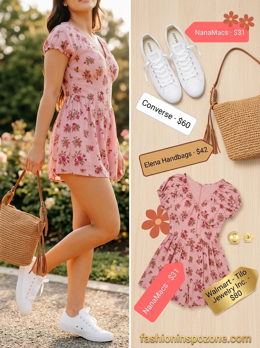 Playful vintage summer outfit for women 2026: Pink floral romper, white sneakers, tan crossbody bag, and gold stud earrings.