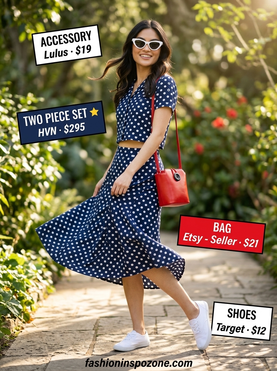 Cute vintage summer outfit for women 2026: Navy polka dot two-piece set, white sneakers, red crossbody for a casual date.