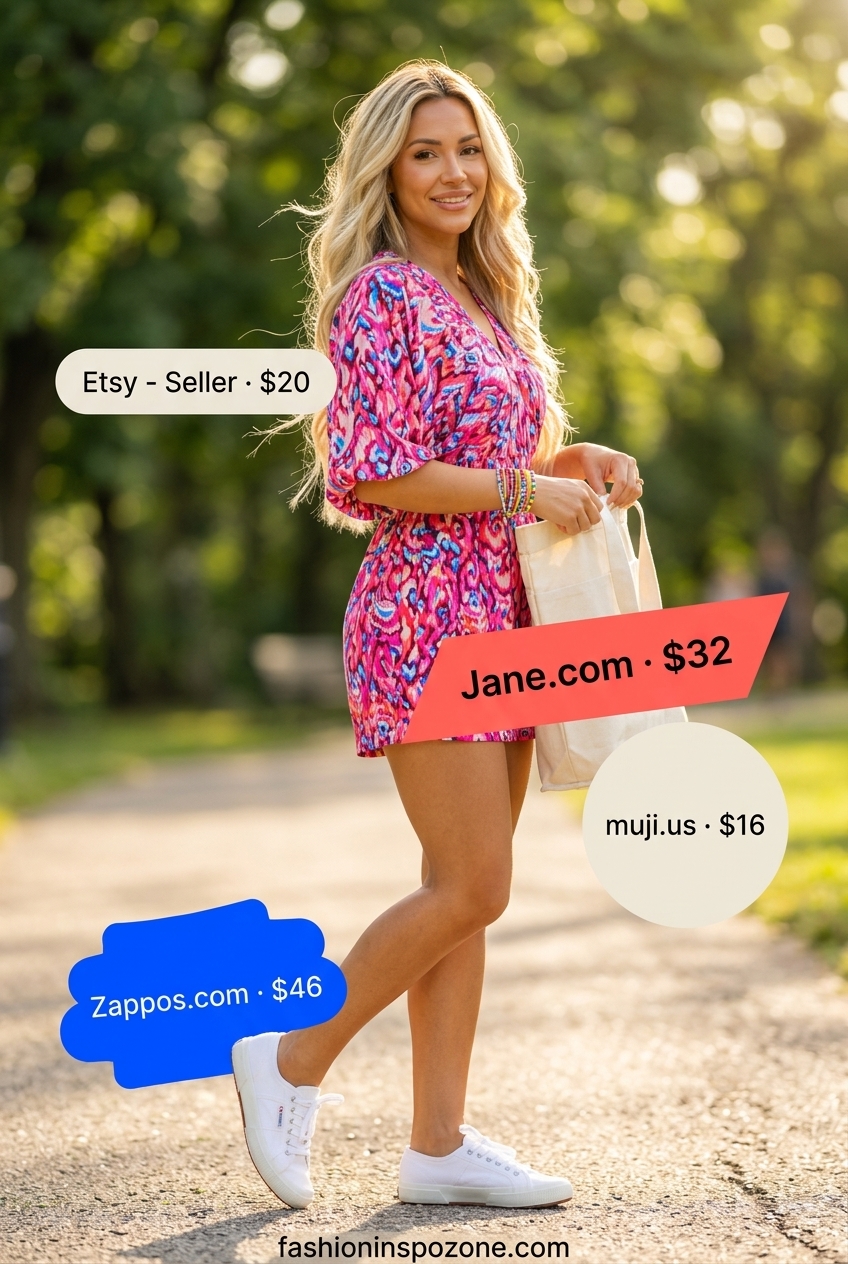 Cute vintage summer outfit for women 2026: Multi-color abstract romper, canvas tote, white sneakers for daytime fun.