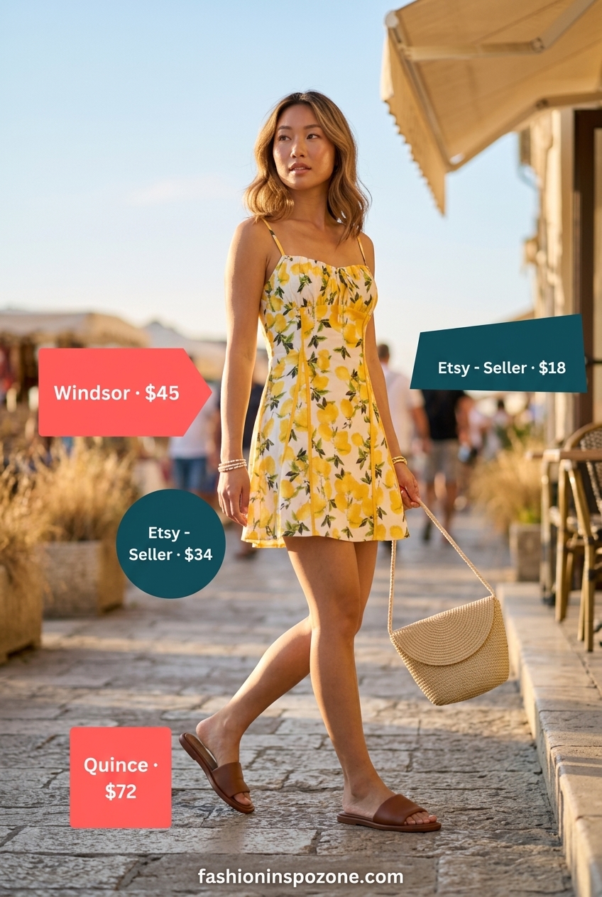 Cute vintage summer outfits for women 2026: Yellow fruit print sundress, tan slides, straw bag, beaded bracelet.
