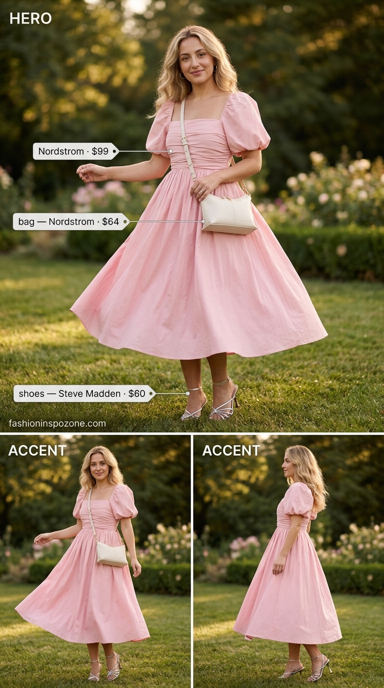 Cute vintage summer outfits for women 2026: Blush pink sweetheart dress, silver sandals, white bag, silver earrings.