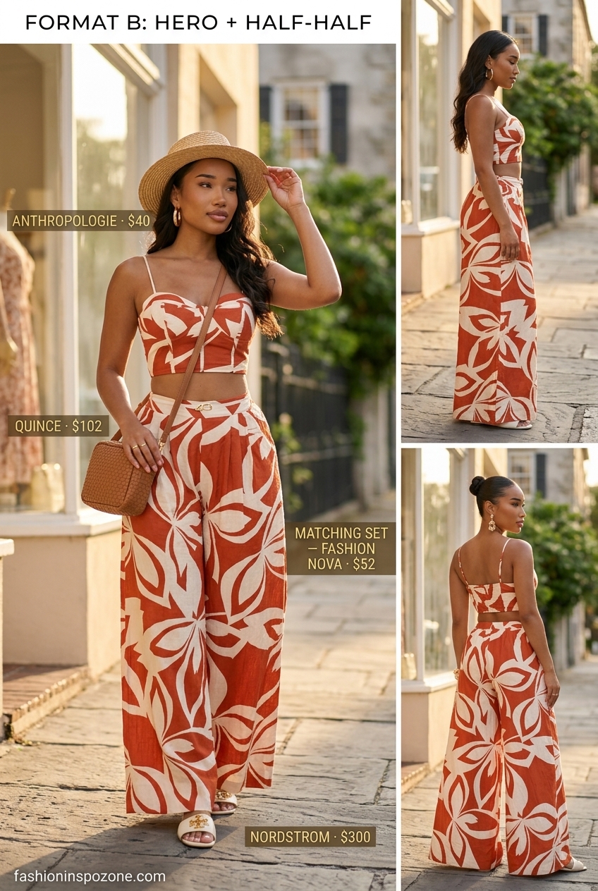 Cute vintage summer outfit for women 2026: Terracotta linen co-ord set, woven bag, leather slides for vacation.