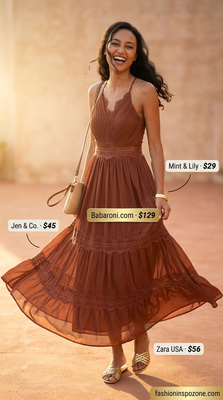 Cute vintage summer outfit for women 2026: Terracotta maxi dress, straw crossbody, gold sandals for a dinner date.