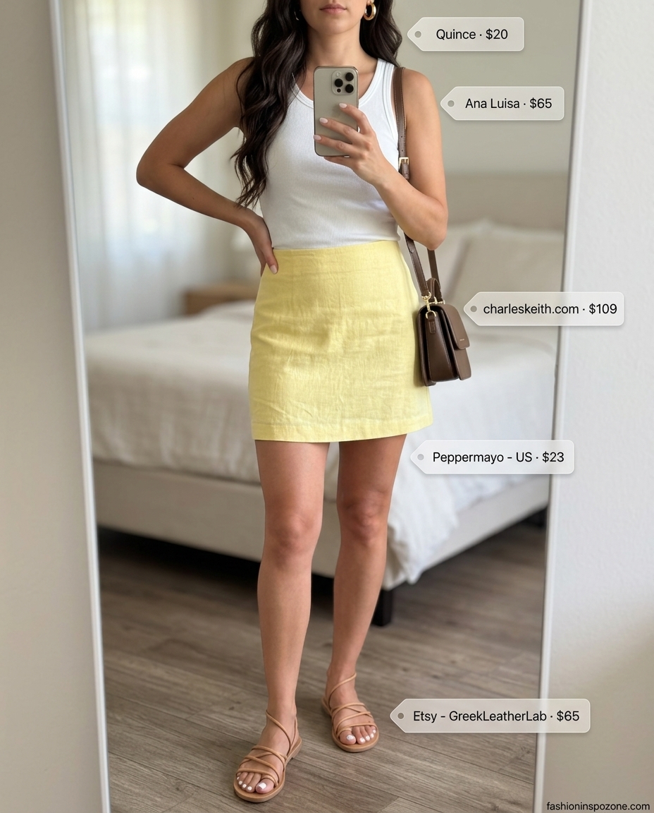 Cute vintage summer outfit for women 2026: Lemon yellow skirt, white tank, straw bag for a garden party.