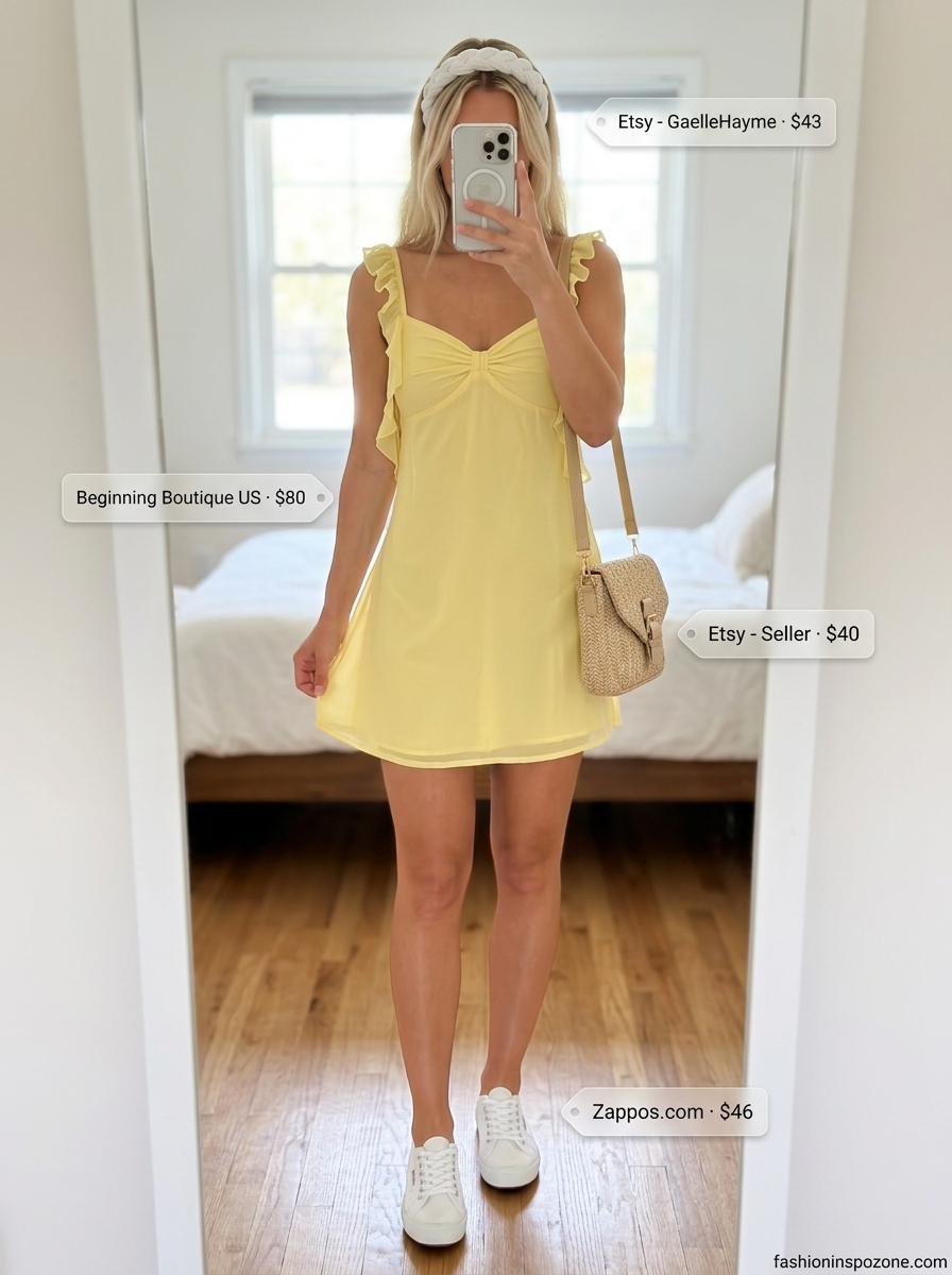 Cheerful vintage summer outfit for women 2026: Yellow sundress, white sneakers, woven crossbody bag, and white headband.