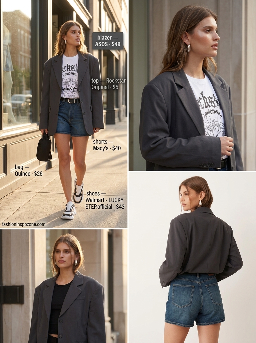 Distressed summer denim shorts for women 2026 styled edgy with a blazer, graphic tee, belt bag, and chunky sneakers.