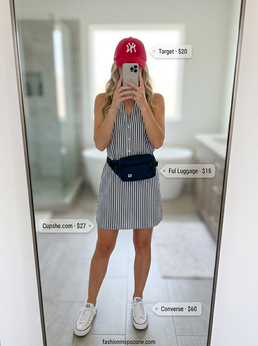 Casual denim shorts outfit for a summer picnic 2026, with sneakers, belt bag, and baseball cap.
