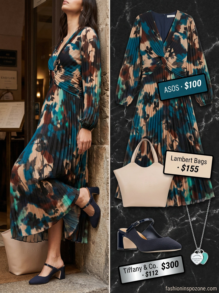 Teal and navy abstract print midi dress with silver necklace for dressy dinner outfits summer for women 2026.