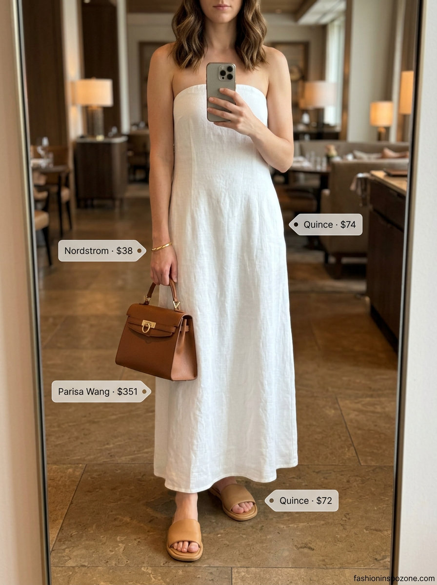 Casual chic summer dinner outfit for women 2026: Beige wide-leg pants, cream top, leather slides, and gold bracelet.