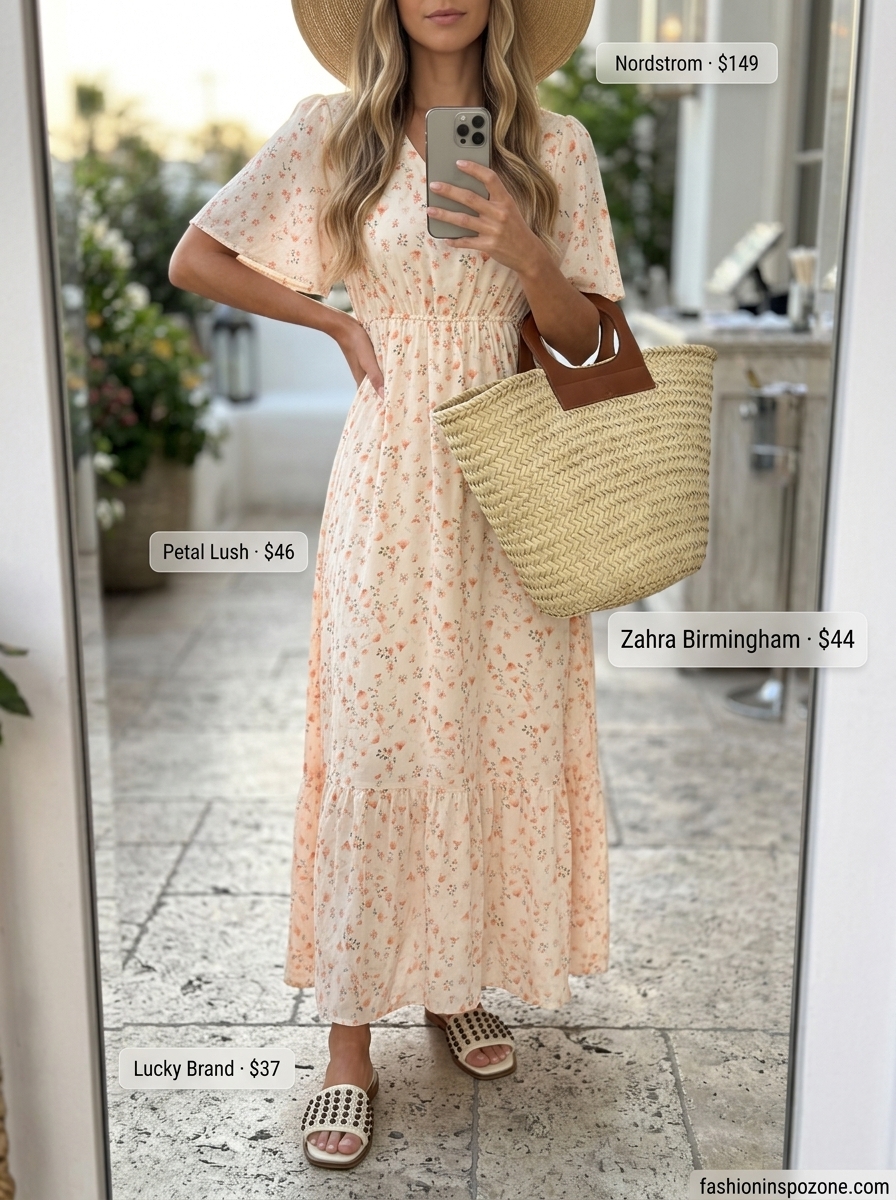 Coral and white floral maxi dress with straw hat for dressy dinner outfits summer for women 2026.