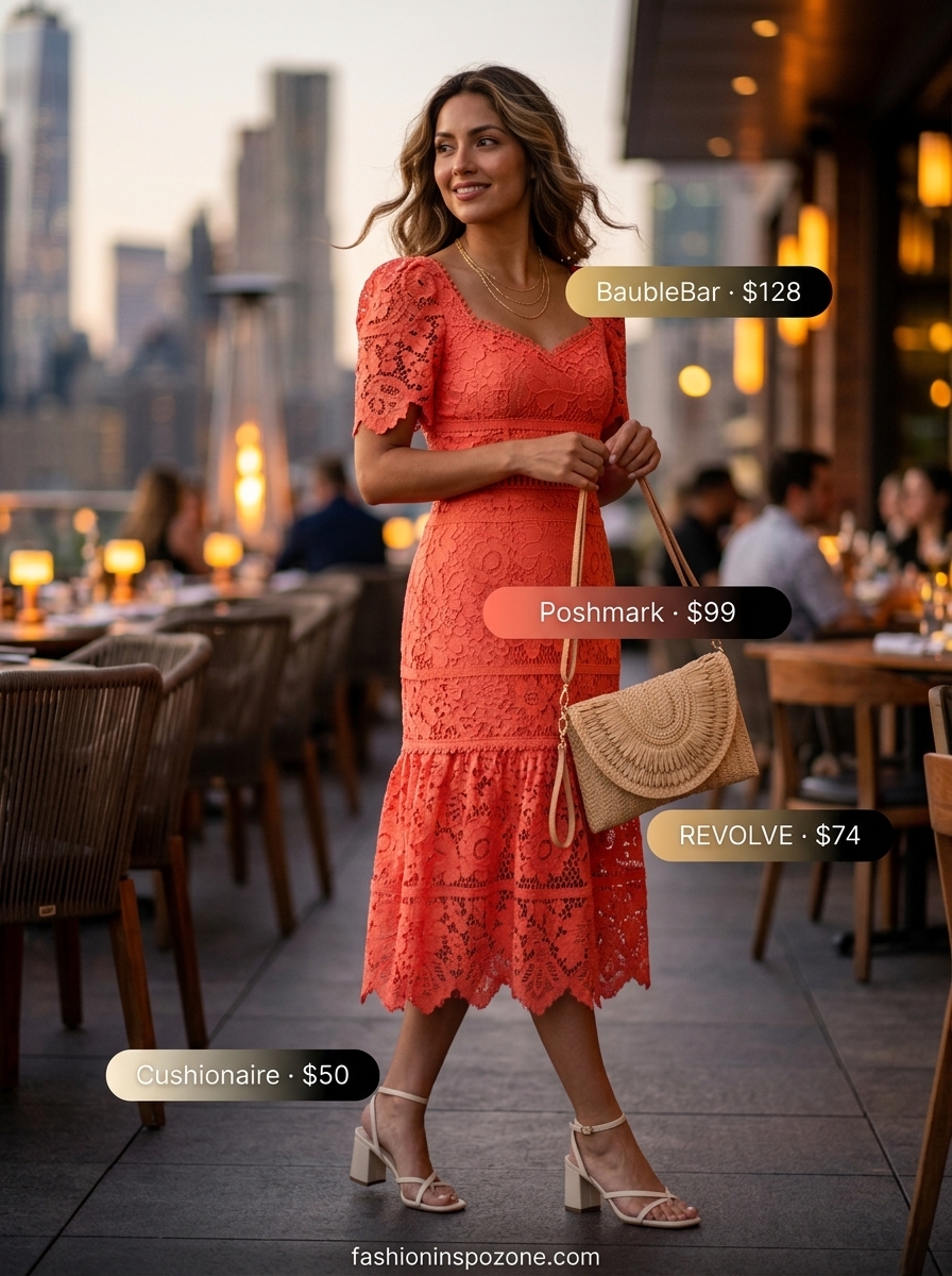 Coral crochet midi dress with cream block heels for dressy dinner outfits summer for women 2026.