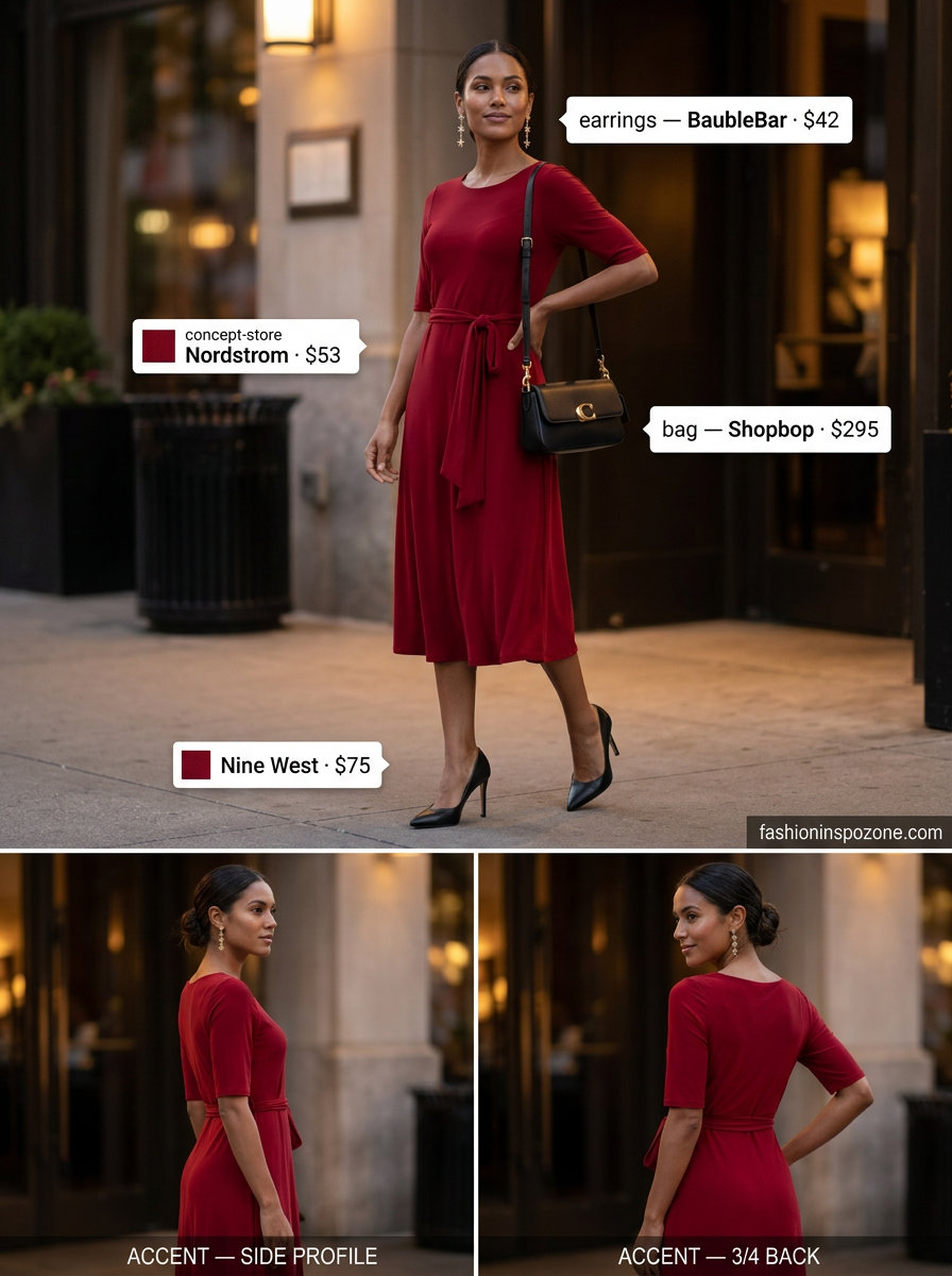 Crimson red fit-and-flare midi dress with gold earrings for dressy dinner outfits summer for women 2026.