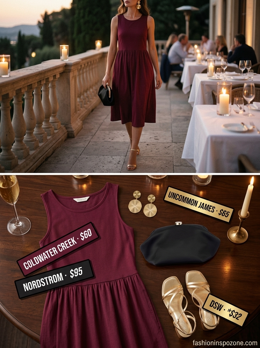 Dressy dinner outfit for women 2026: Burgundy jumpsuit, gold heels, gold earrings, and black clutch.