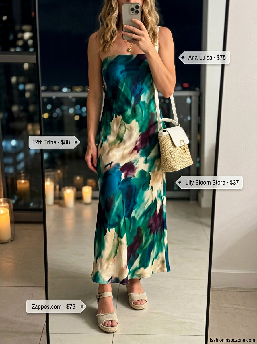 Feminine summer dinner outfit for women 2026: Blue floral maxi skirt, white top, espadrilles, straw bag, gold necklace.