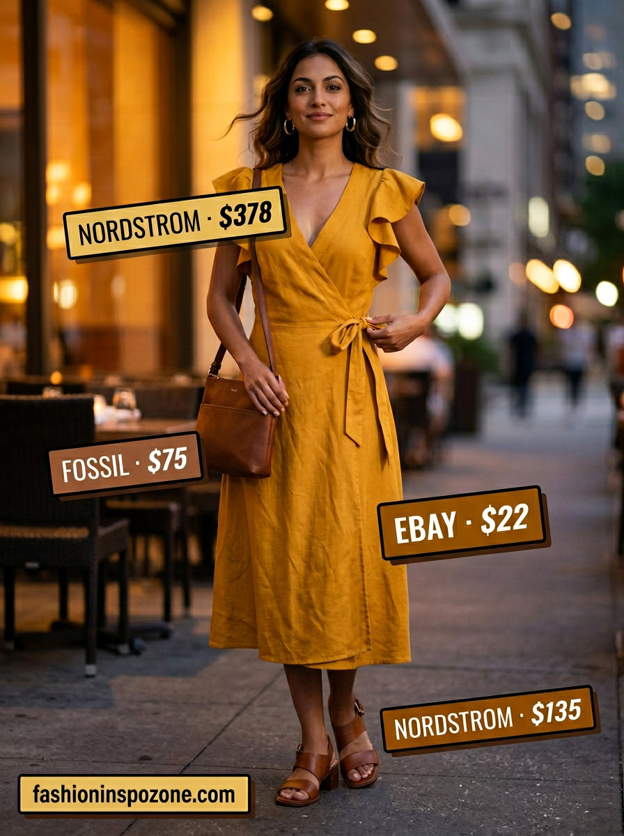 Mustard yellow wrap midi dress with gold earrings for dressy dinner outfits summer for women 2026.