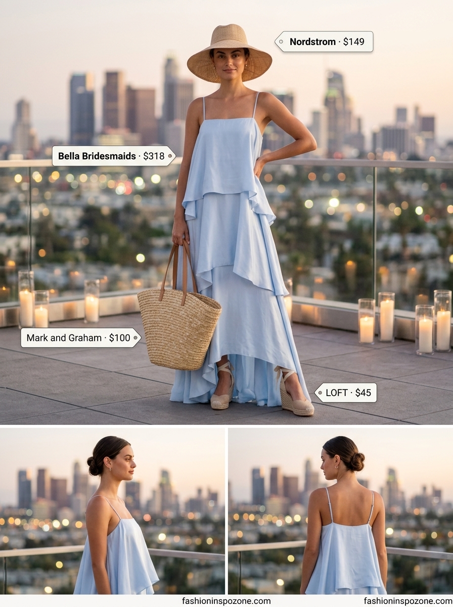 Dressy dinner outfit for women 2026: Sky blue maxi dress, straw tote, espadrilles, and wide-brim hat.