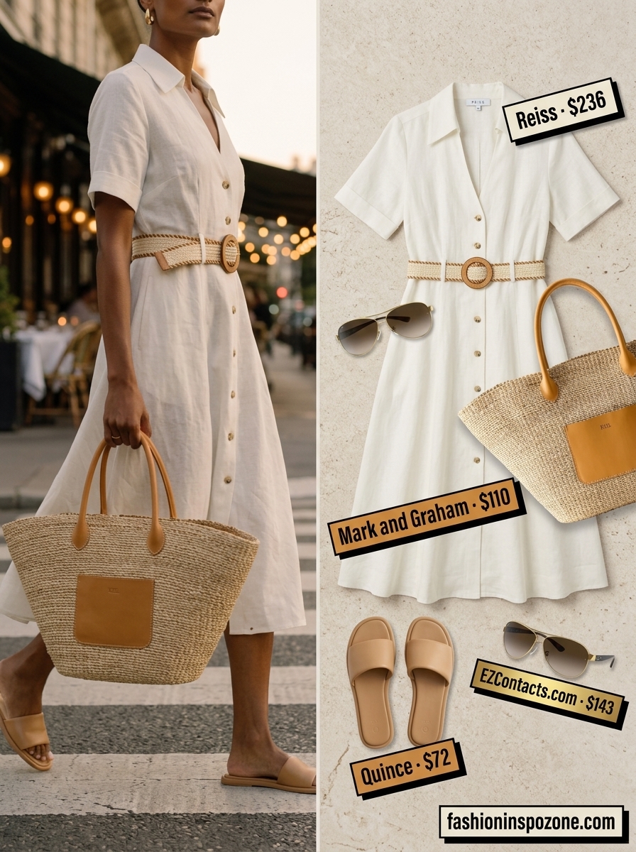 Relaxed summer dinner outfit for women 2026: Ivory linen dress, leather slides, straw bag, and sunglasses.