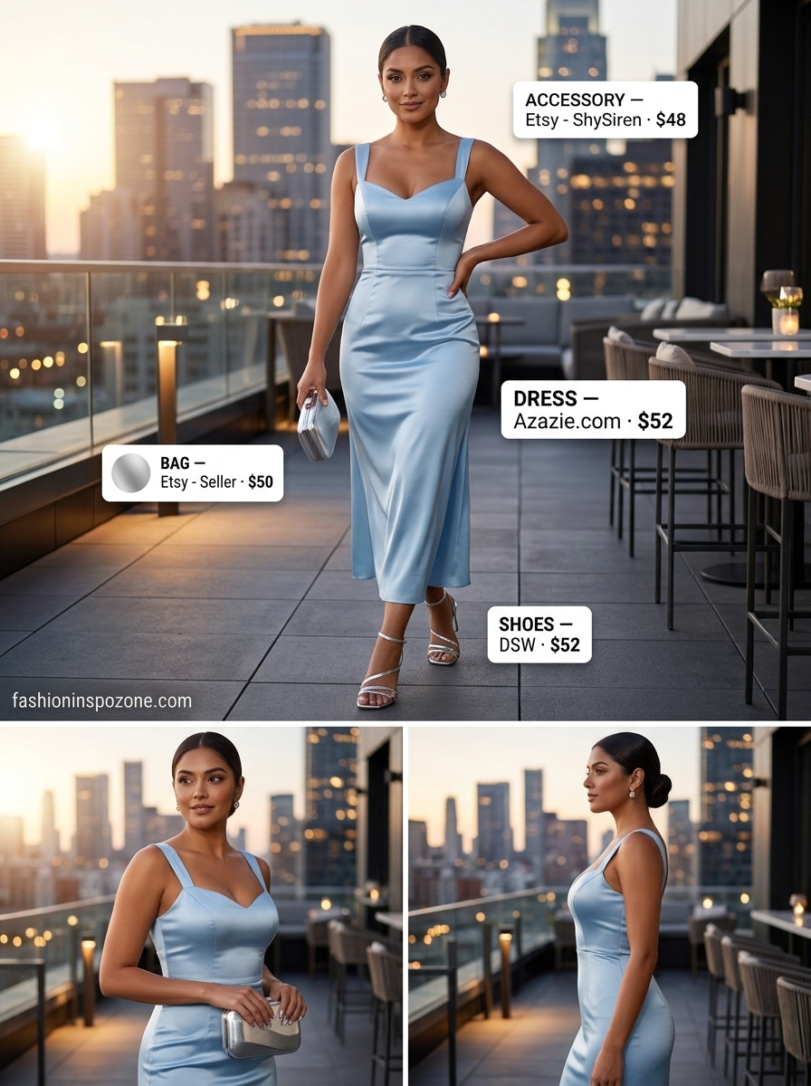 Powder blue sheath dress with silver accessories for dressy dinner outfits summer for women 2026.