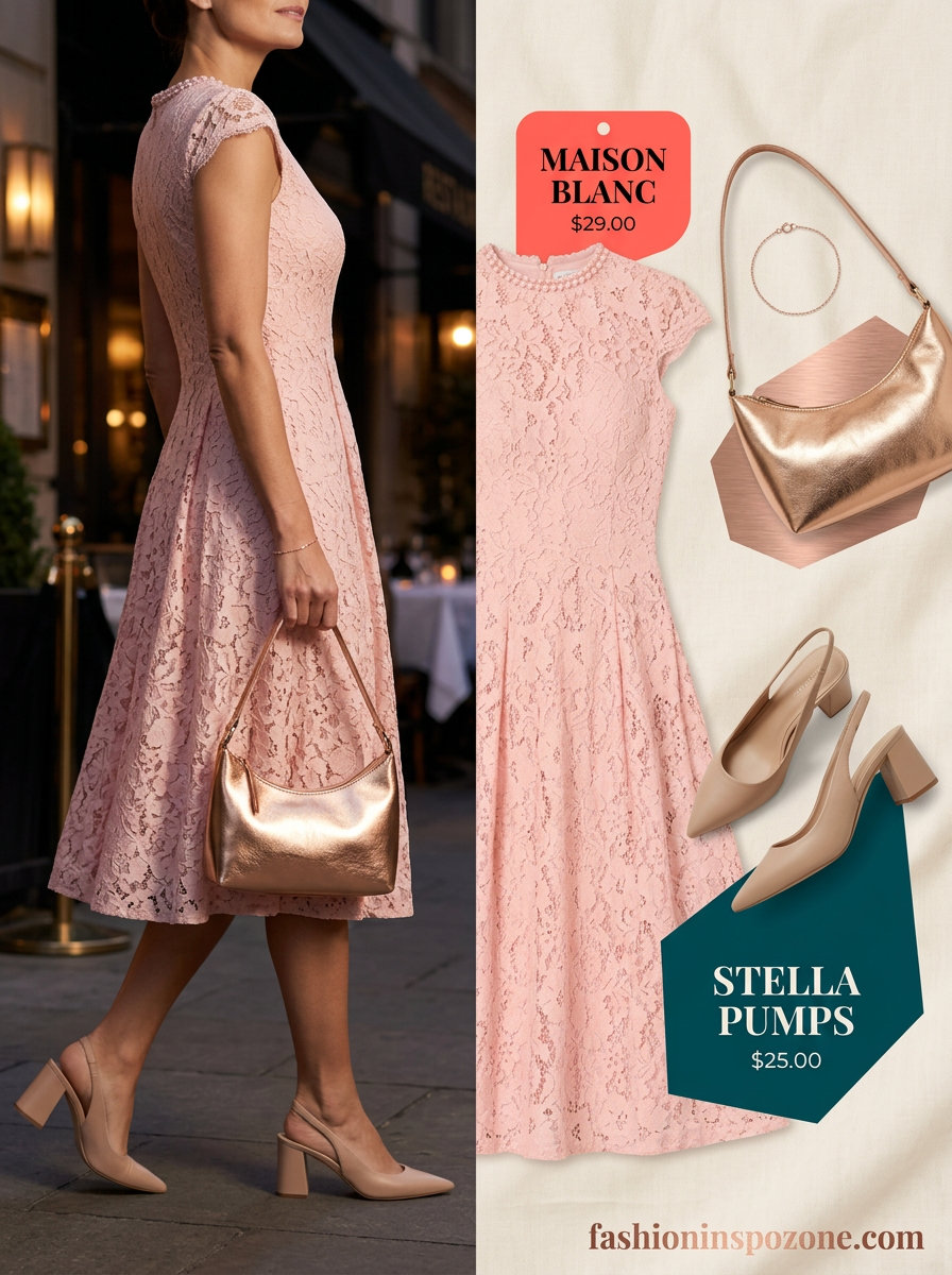 Blush pink lace midi dress with rose gold accessories for dressy dinner outfits summer for women 2026.