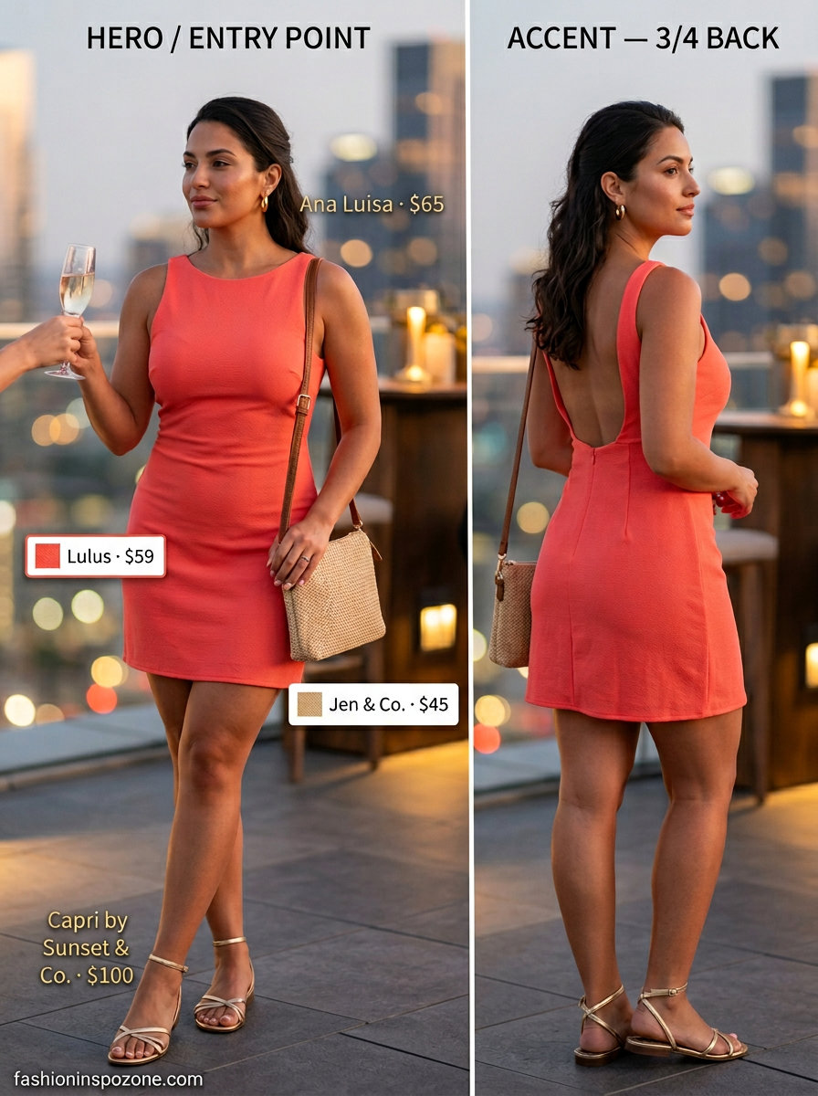White tank top and coral skirt for dressy dinner outfits summer for women 2026, with gold accessories.