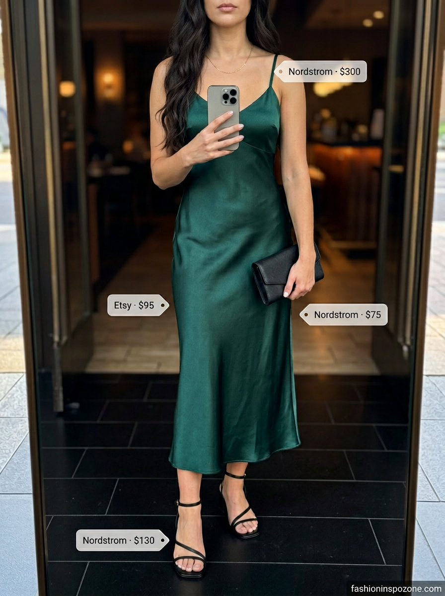 Glamorous dressy dinner outfit for women 2026: Emerald green slip dress, black heels, clutch, and gold necklace.