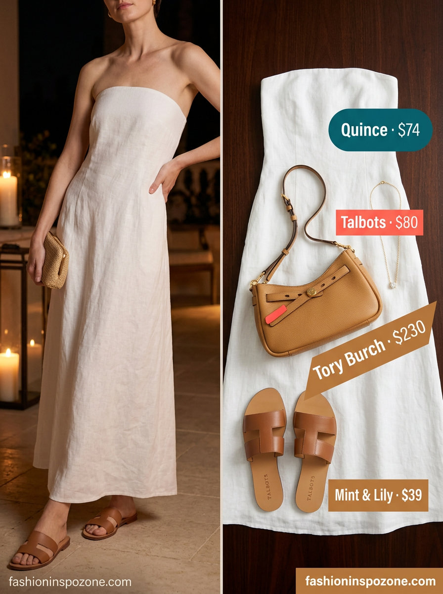 Dressy dinner outfit for women 2026: White blazer, coral top, tan shorts, gold necklace, and tan slides.