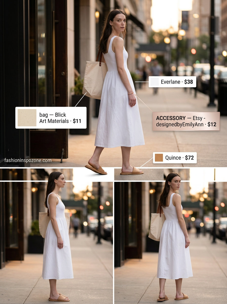 Denim dress, flat sandals, and canvas tote for casual dressy dinner outfits summer for women 2026.