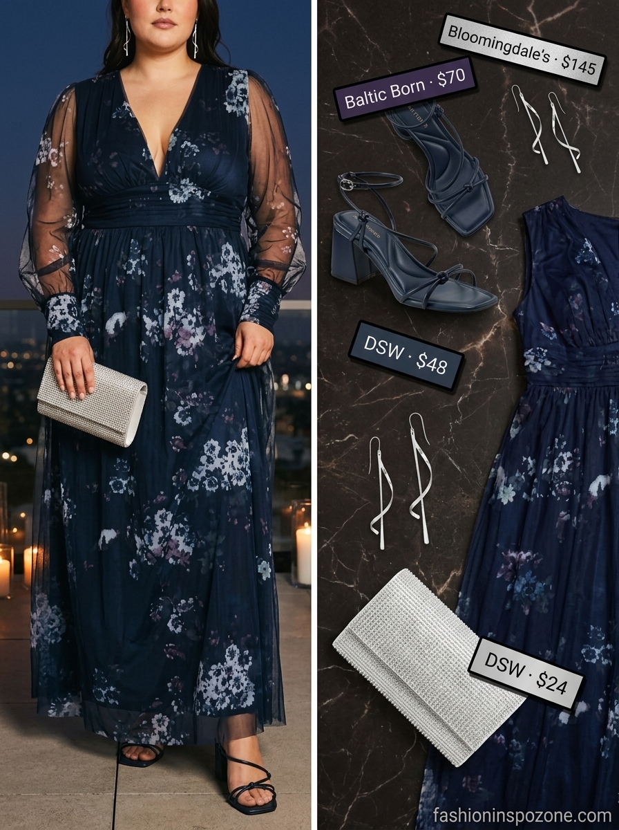 Navy floral maxi dress, embellished clutch, and silver sandals for elegant dressy dinner outfits summer for women 2026.