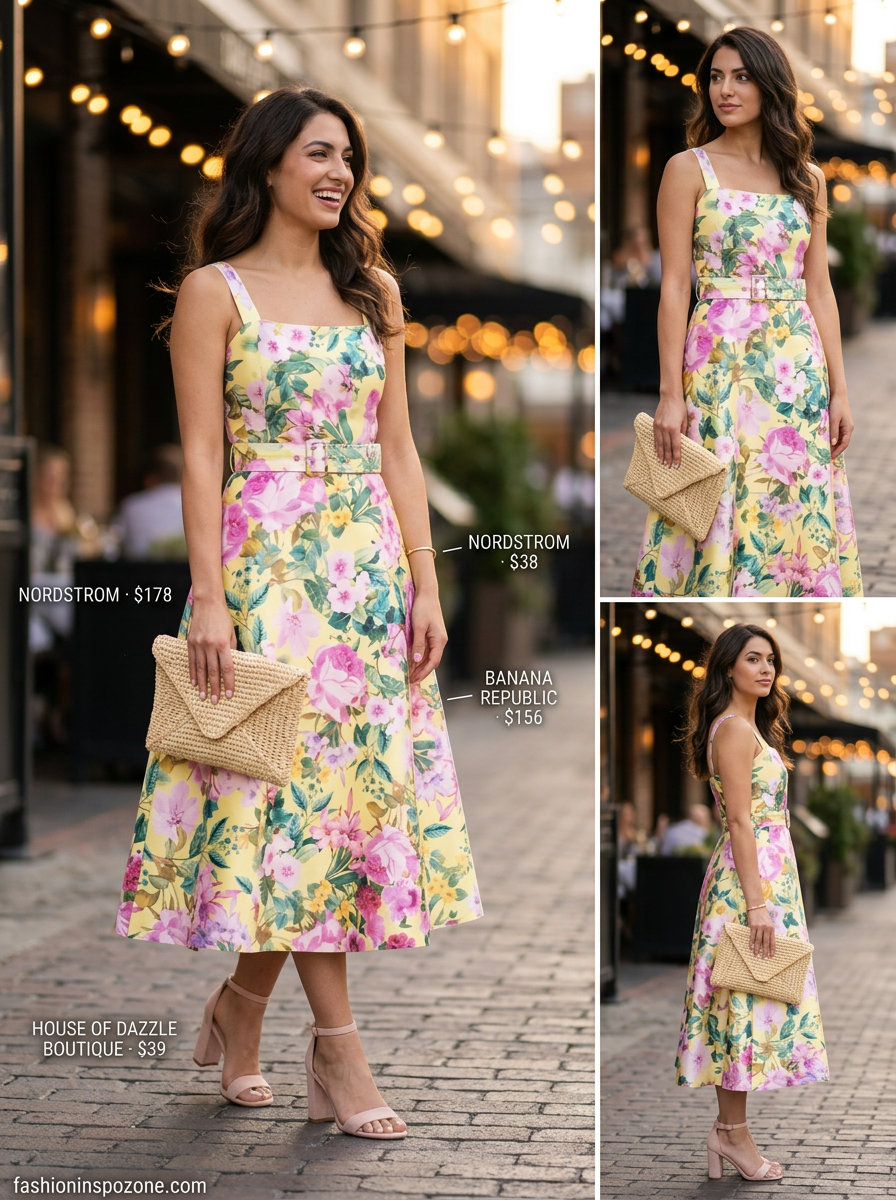 Multicolor floral midi dress, straw clutch, and nude sandals for dressy dinner outfits summer for women 2026.