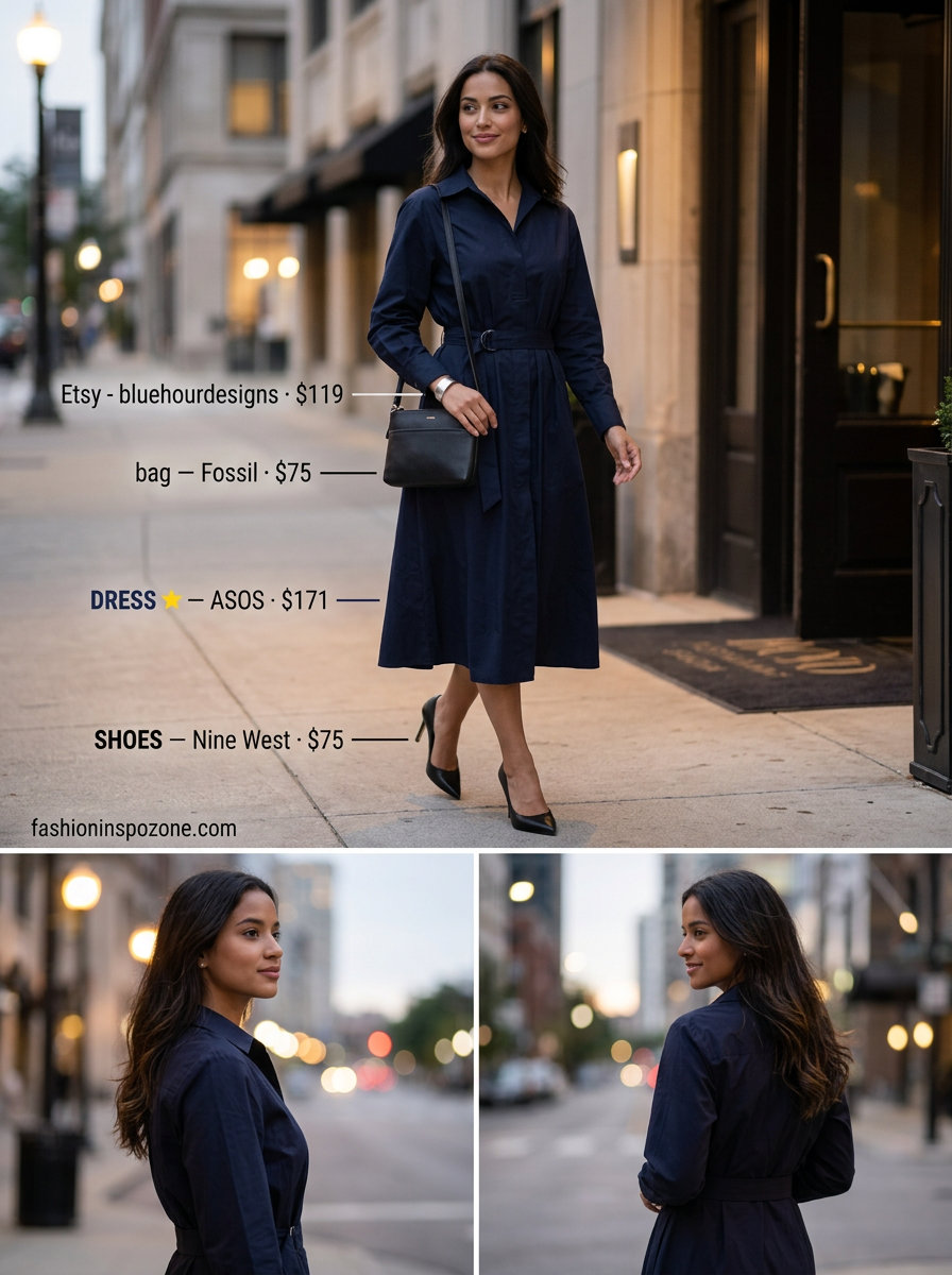 Navy shirt dress, black heels, and silver bracelet for chic dressy dinner outfits summer for women 2026.