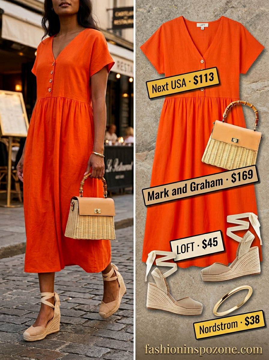 Bright orange linen dress, espadrilles, and straw bag for vibrant dressy dinner outfits summer for women 2026.