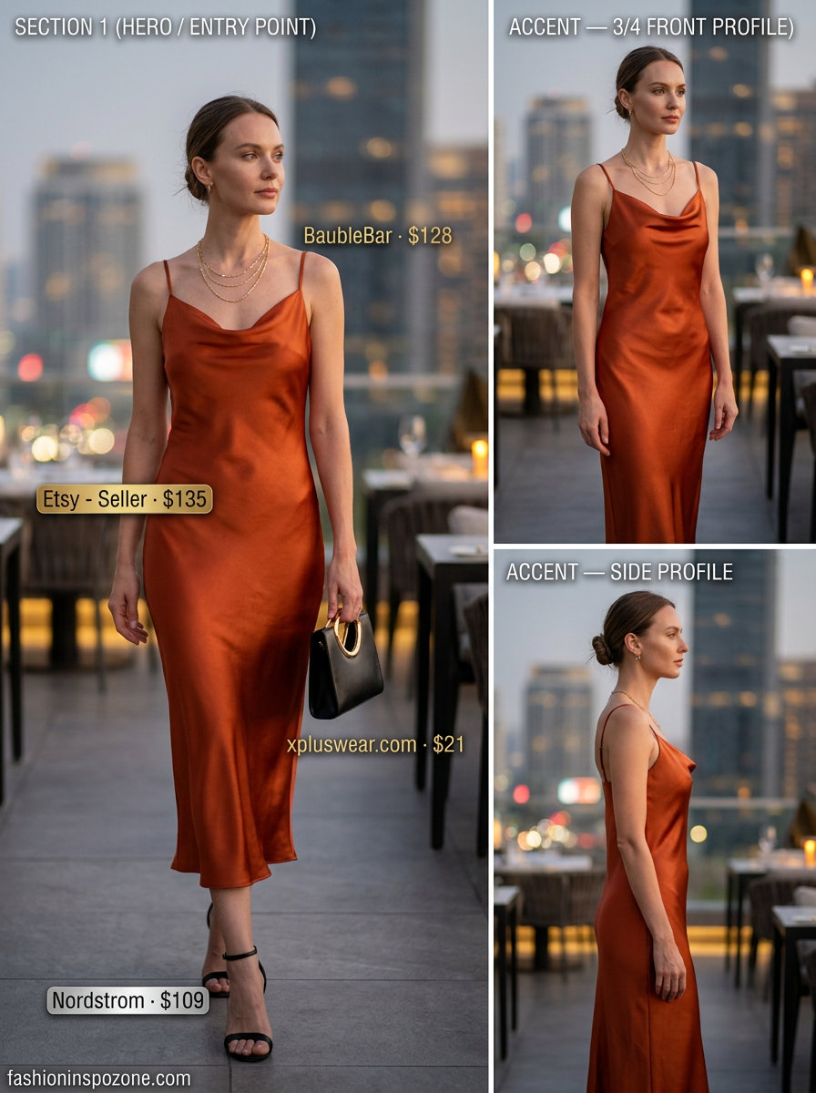 Sunset orange slip dress, gold necklaces, and black strappy heels for glamorous dressy dinner outfits summer for women 2026.