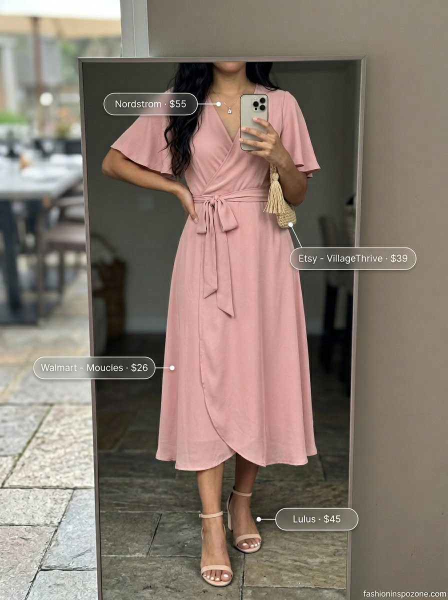 Pastel pink wrap dress, straw clutch, and nude sandals for romantic dressy dinner outfits summer for women 2026.