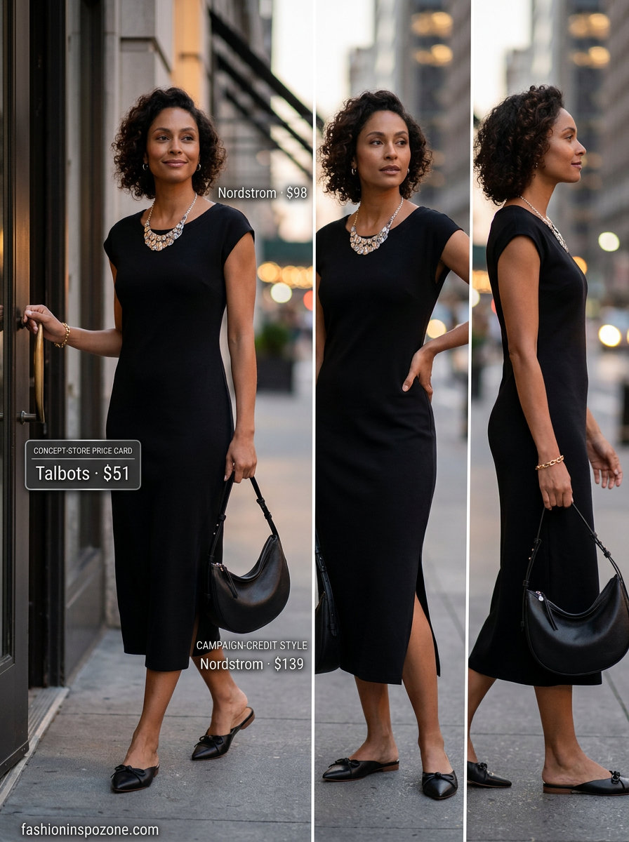 Black mules, silver necklace, and black bag with a versatile dress for sophisticated dressy dinner outfits summer for women 2026.