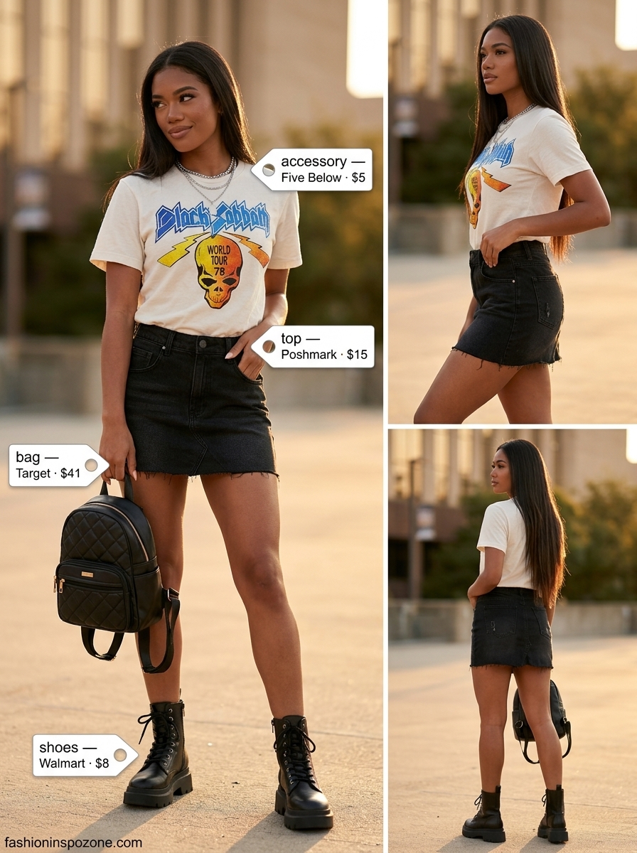Easy casual summer outfits for women 2026: Band tee, distressed denim mini skirt, combat boots, mini backpack.