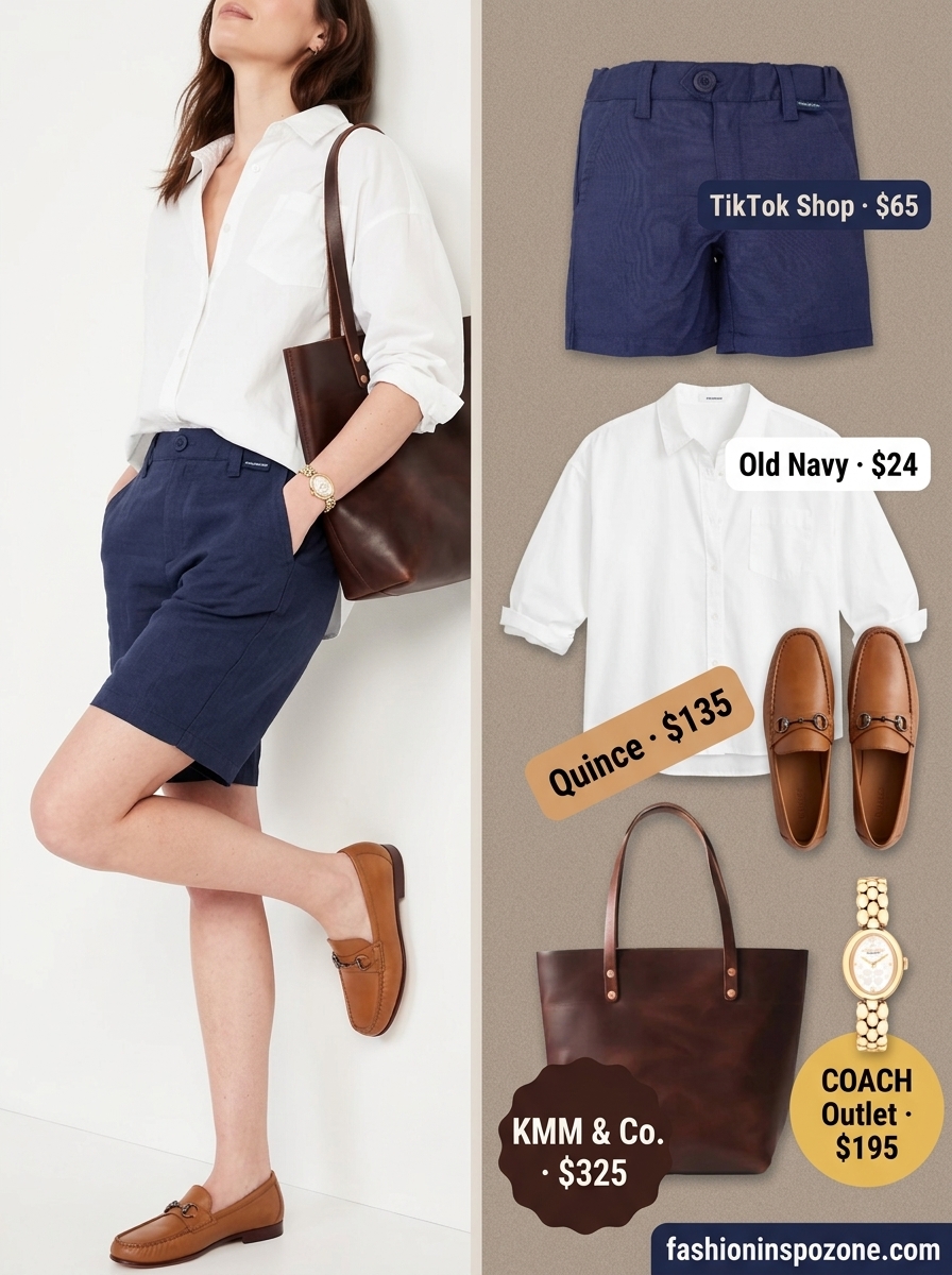 Elegant summer outfit for women over 40 2026: Navy Bermuda shorts, white oversized shirt, tan loafers, tote bag.
