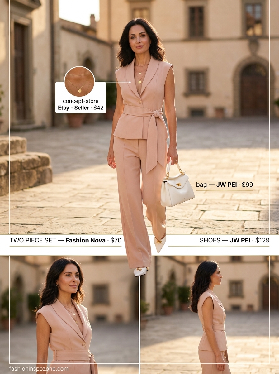 Elegant summer outfit for women over 40 2026: Blush pink wide-leg pants & mock neck top set with gold jewelry.