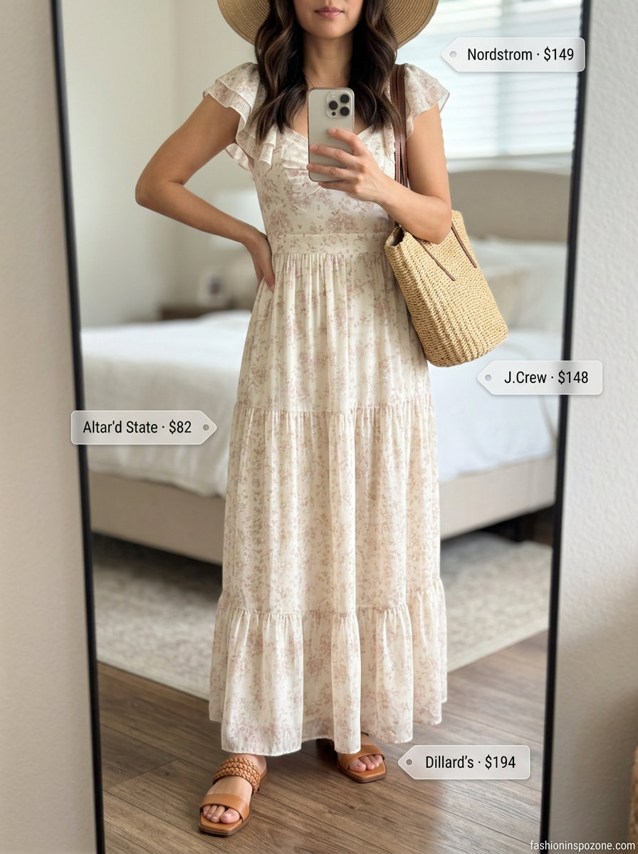 Elegant summer outfit for women over 40 2026: Boho floral maxi dress, flat sandals, straw tote.