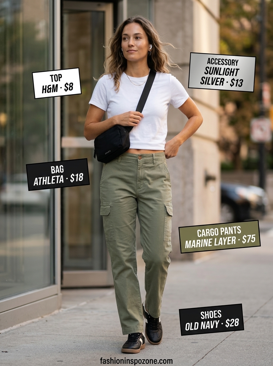 Elegant summer outfit for women over 40 2026: Olive green cargo pants, white tee, sneakers, belt bag.