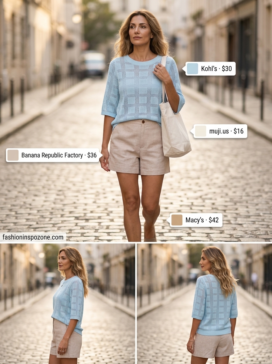 Elegant summer outfit for women over 40 2026: Cream linen shorts, light blue knit top, espadrilles, canvas tote.