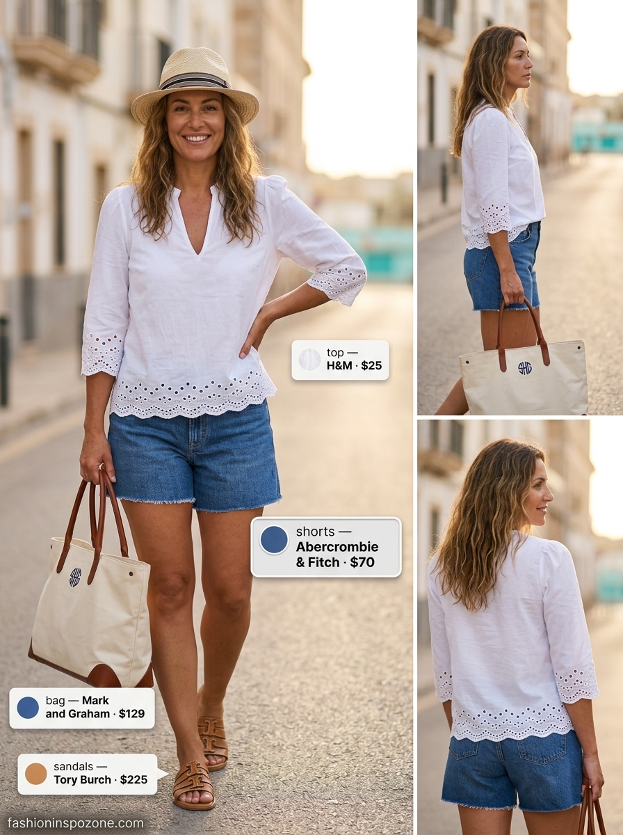 Elegant summer outfit for women over 40 2026: Denim shorts, white peasant blouse, straw fedora, canvas tote.