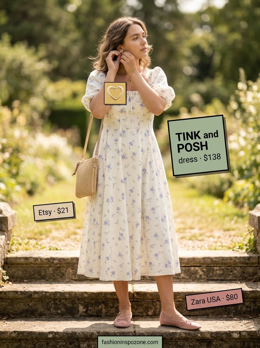 Elegant summer outfit for women over 40 2026: Pastel floral midi dress, ballet flats, woven bag.