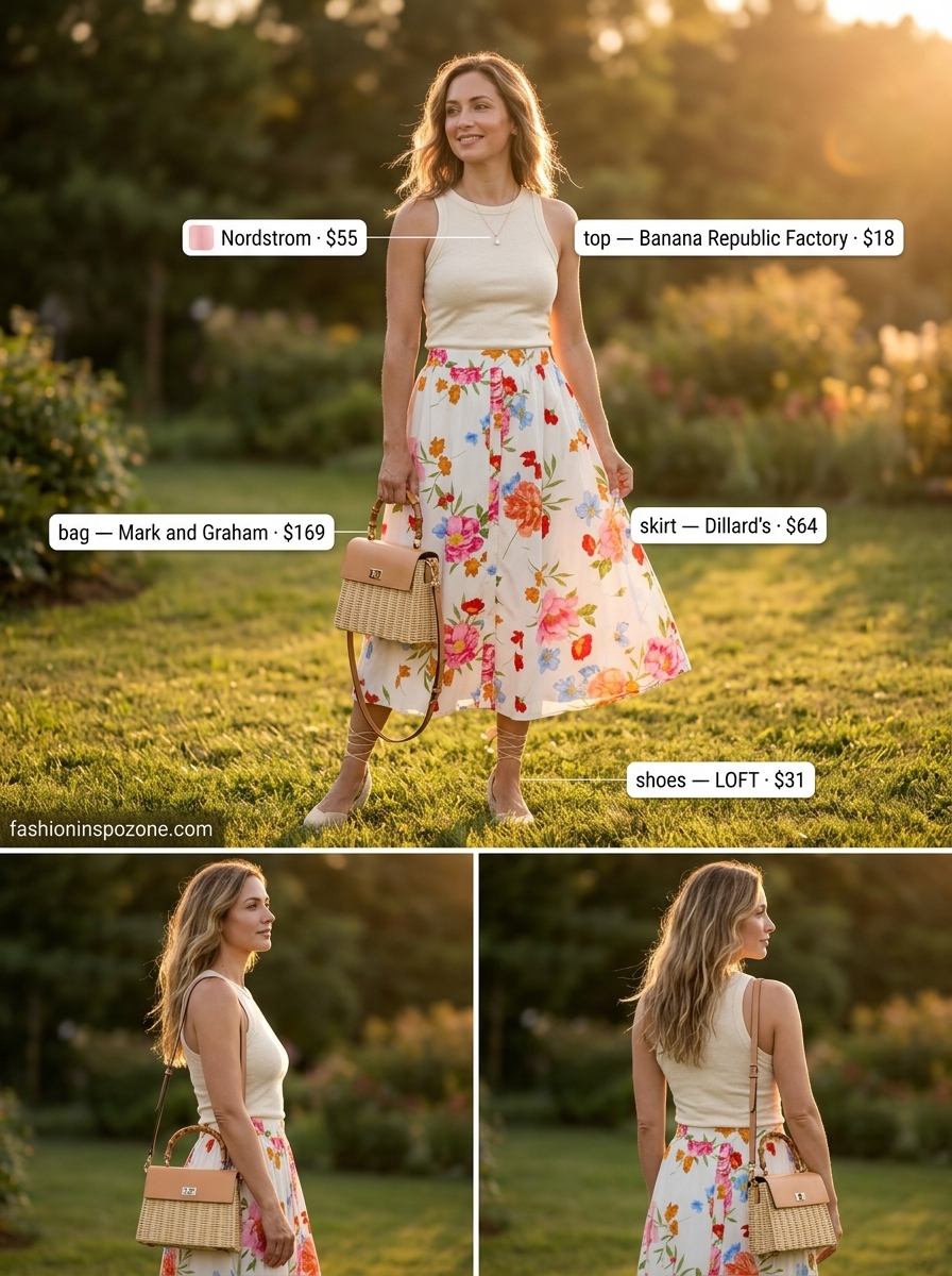 Elegant summer outfit for women over 40 2026: Floral midi skirt, ribbed tank, espadrilles, crossbody.